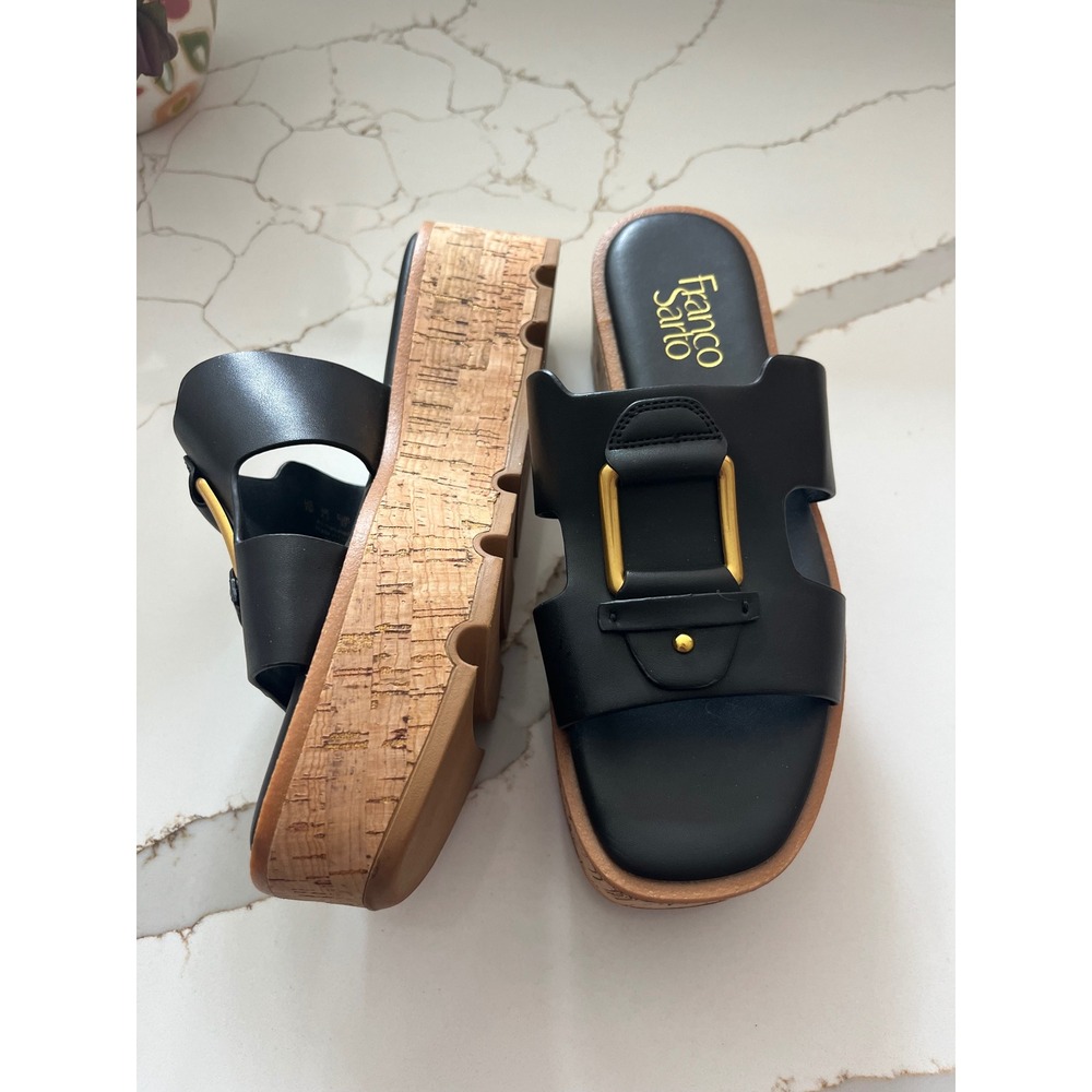 Franco Sarto Black Leather Cork Platform Slide Sandals Gold Buckle Lug Sole